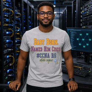 May include: A light gray short-sleeved t-shirt featuring the text "BABY BORN. NAMED HIM CISCO. #CCNA RS network-engineer" in orange, purple, and green lettering, with a small registered trademark symbol and the letters IDA printed on the front.