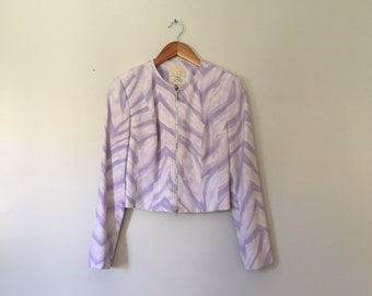 Vintage Zebra Print Jacket Purple Cache Alberto Makali French 1990s 1980s White Purple Small XS Structured Jacket Top Long Sleeve Corset