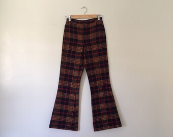 1970s Wrangler Plaid Pants Lady Wrangler Bellbottoms Flares Navy Blue Vintage Orange Psychedelic Flare Bootcut High Waisted 9 25 26