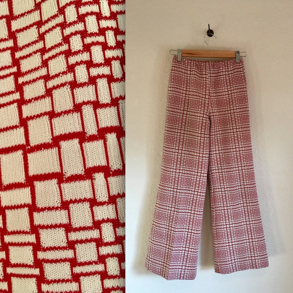 1970s Flare Pants Red Bellbottoms Gingham Check Po