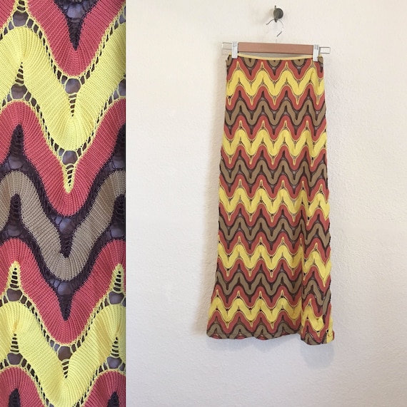 1970s Midi Skirt Mod Crochet Chevron Marimekko Gra