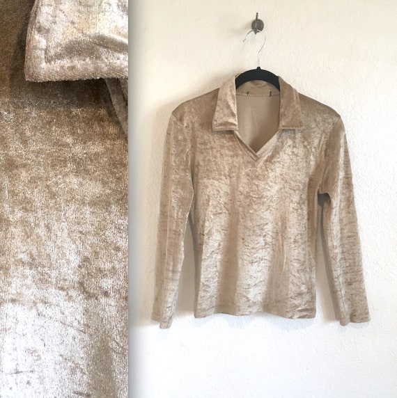 1970s Gold Velour Top V Neck Collared Long Sleeve