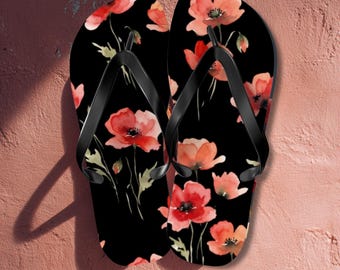 Watercolor Poppies Black Floral Flip Flops for Women Red Flower Sandal Minimalist Summer Shoes Lightweight Vacation Footwear