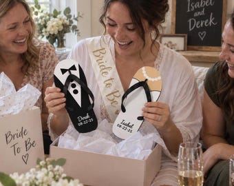 Custom Bride and Groom Flip Flops Personalized Wedding Sandals with Names and Date Romantic Gift for Couple or Bridal Shower Custom Wedding