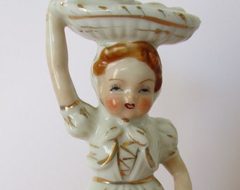 Vintage Porcelain Girl Figurine with Basket on Head, Birds, Eggs Inside, Hand-Painted, Japan, Ucagco, White, Gold Accents, Mother's Day Gift