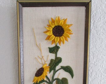 Vintage Large Sunflowers Finished Crewel Embroidery Framed Signed Wall Art, Retro Floral Decor, Mid Century Wall Decor, Crewel Wall Hanging