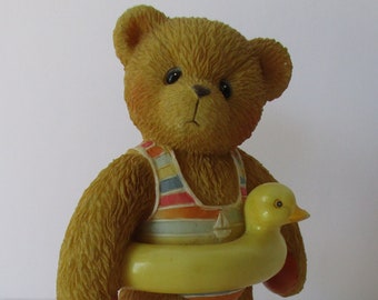 Vintage 1996 Cherished Teddies, Jerry, Ready to Make a Splash, Enesco 203475, Teddy Bear in Bathing Suit, Inflatable Rubber Duck, Figurine