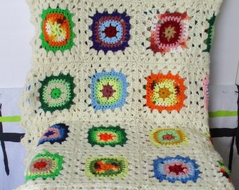 Handmade Vintage Crocheted Granny Square Afghan, Twin Size, Cream, Multi Color, Throw Blanket, Decorative Throw, Lap Blanket, Retro Afghan