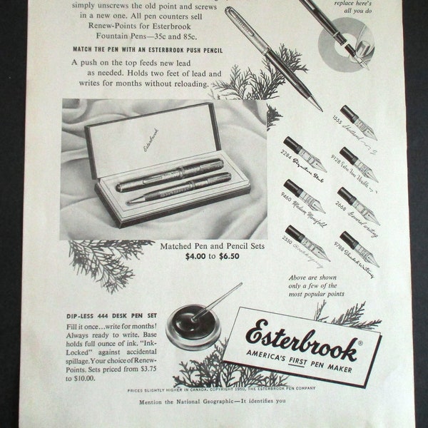 1950 Esterbrook Ink Pen Advertisement, Vintage Print Ad, Esterbrook Fountain Pen Ad, Vintage Fountain Pen, Calligraphy, Calligrapher Gift