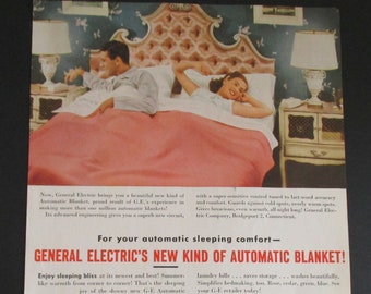 1950 General Electric GE Automatic Blanket, Electric Blanket, Original Vintage Advertisement, Vintage Ad, Vintage Bedding, Bedroom Decor