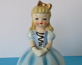 1950s Vintage Fine A Quality Japan Bell, Pretty Girl Blue Dress, Gold Accents, Porcelain Girl Bell, Collectible Bell, Figural Bell, Figurine