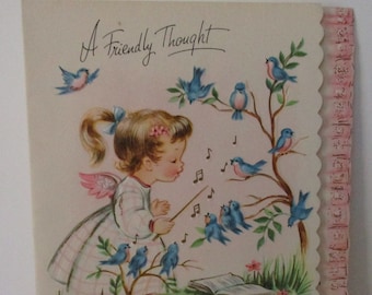 Vintage occasion, je pense à vous, carte de voeux en relief, jolie petite fille ange à la tête d'une chorale d'oiseaux bleus, création de papier, éphémères en papier,