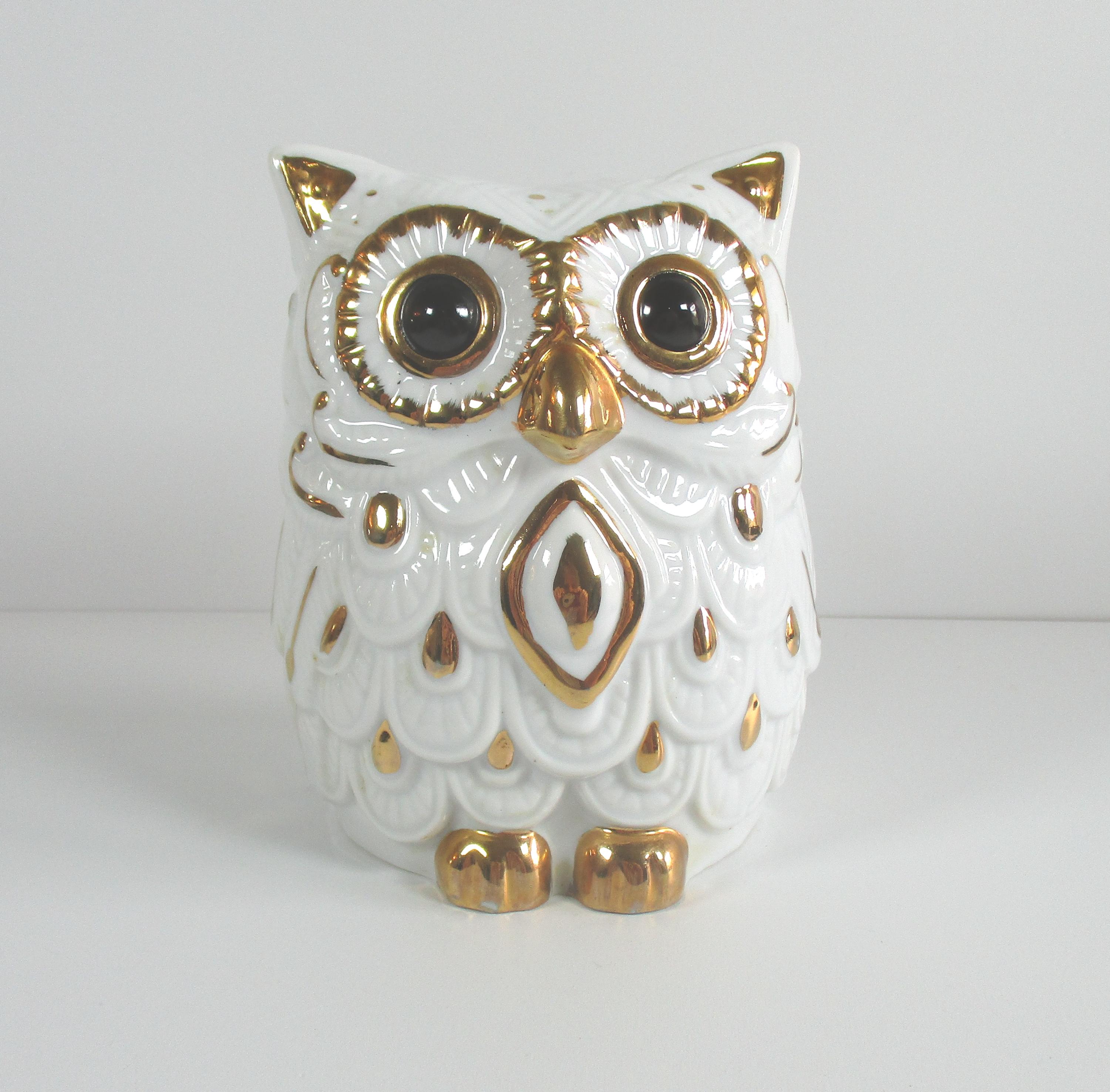 Vintage 1980s Monti Fiero, Glazed Porcelain 5" Owl Figurine, White, Gold Details, Designed in S