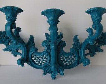 1966 Vintage Upcycled 3 Arm Sconce Candleholder, Turquoise Blue, Dart 4002, Wall Decor, Wall Candle Holder, Ornate, Resin, Wall Sconce, Blue