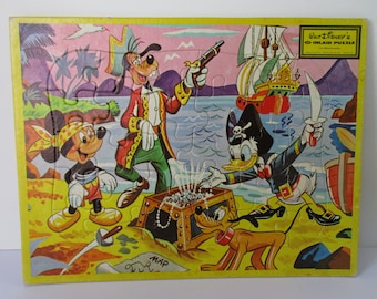 Vintage Walt Disney Inlaid Puzzle, Jaymar, Mickey Mouse, Goofy, Pluto, Donald Duck, Pirate, Treasure Hunt, Treasure Chest, Frame Tray Puzzle