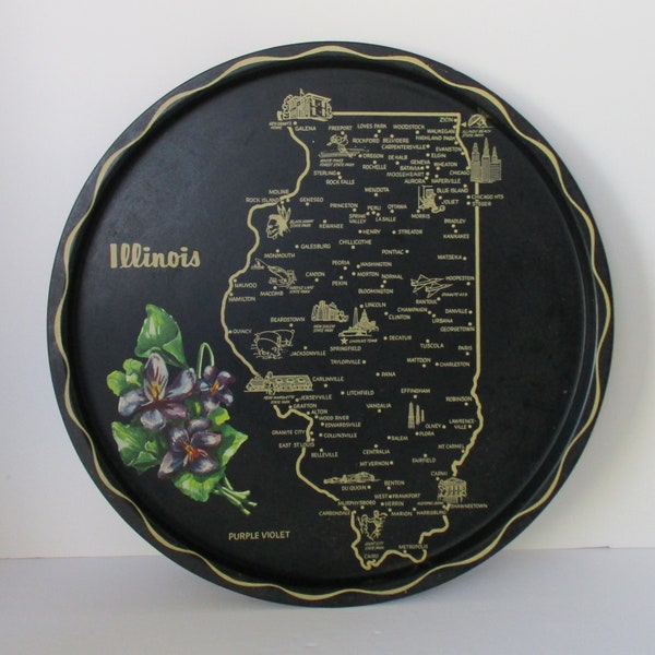 Vintage Illinois State Map Souvenir Metal Round Tray, Collectible State Tray, Black Serving Tray, Illinois Souvenir, Illinois State Map