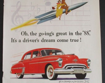 1950 - 88 Oldsmobile, Red, "Rocket" - Original Vintage Car Print Ad