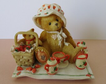 Vintage 1995 Cherished Teddies, Thelma, Cozy Tea for Two, Teddy Bear Tea Party, Picnic, Enesco 156302, Strawberries, Mothers Day Gift Idea