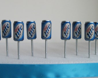 MILLER LITE BEER Can Cupcake Toppers, Food Picks - Upcycled -Set of 12, Beer Party, Party Supplies, Beer Toppers, Adult Birthday Picks