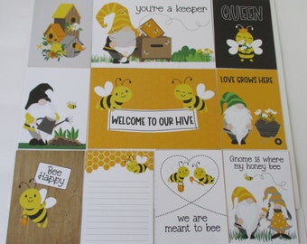 Honey Bee, Gnome Themed Journal Cards, Double Sided, Set of 10, (8) 3 x 4, (2) 4 x 6, Cardmaking, Scrapbooking, Junk Journal, Planner Cards