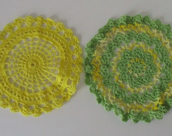 Set of 2 Vintage Handmade Crocheted Doilies, Yellow, Yellow and Green, Hand Crocheted, Easter, Spring, Summer, Round Doilies, 1960s