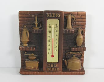 Retro 1975 Miller Studio Bless This House Chalkware Thermometer Rustic Kitchen Scene