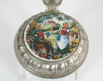 Vintage BMF West Germany Miniature Glass Beer Stein, Schnapskrugerl, Heavy Pressed Glass, Ceramic Insert Folk Art Scene Pewter Hinged Lid