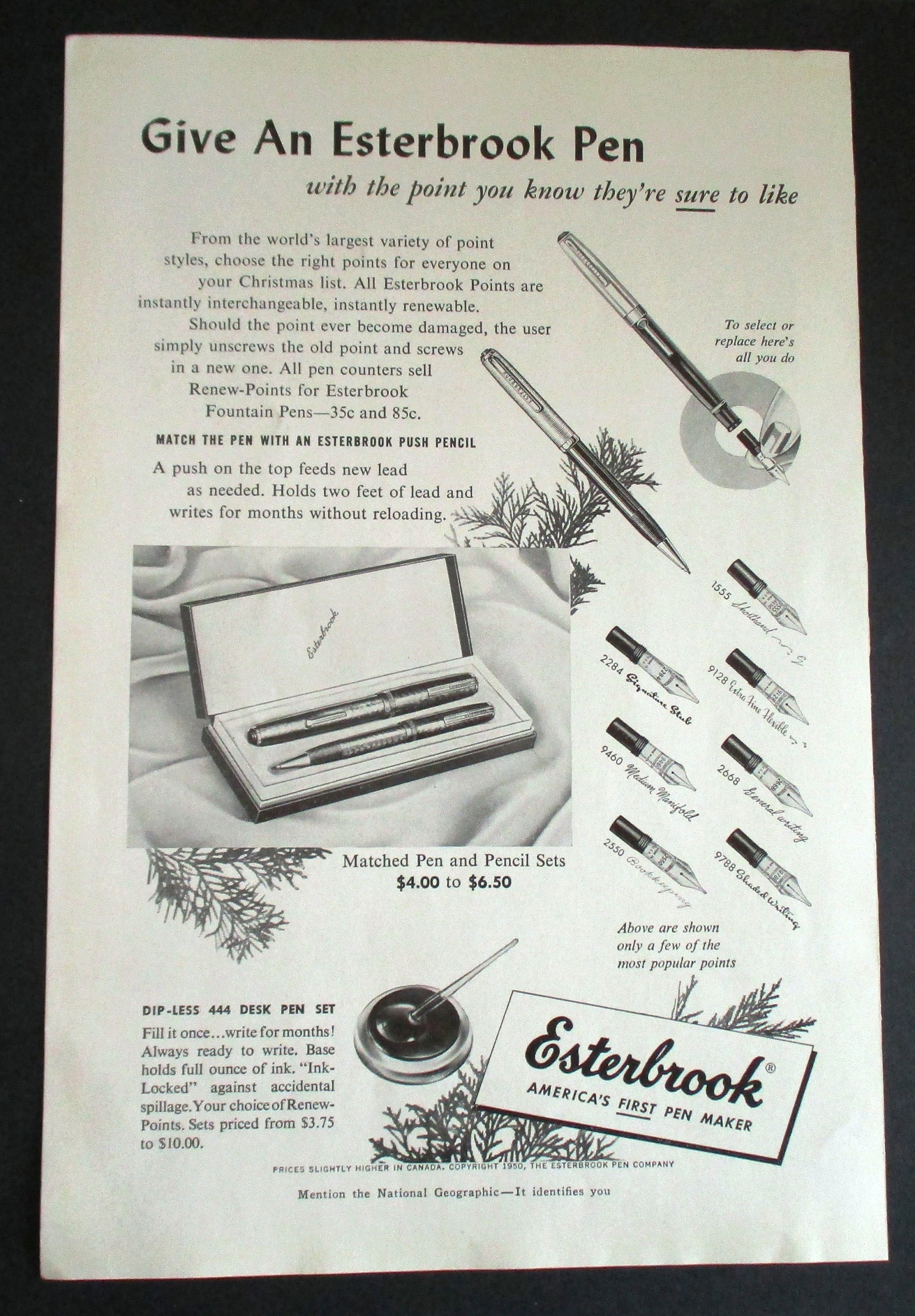 1950 Esterbrook Ink Pen Advertisement, Vintage Print Ad