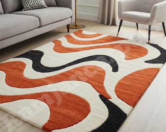 Hand-Tufted Abstract Wave Rug: Modern Orange & Black Accent Rug