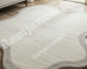 Cloud Shape Hand-Tufted Wool Rug - Irregular Modern Area Carpet in Cream & Grey
