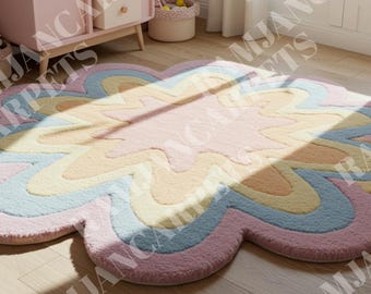 Wollen vloerkleed met pastelkleurige regenboogbloemen - handgetuft bloementapijt voor kinderkamer