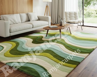 Modern Wavy Green & Blue Hand-Tufted Wool Rug - Abstract Area Carpet with Organic Design
