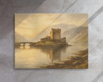 May include: A watercolor painting of a stone castle on a small island with a bridge leading to it. The castle is surrounded by water and a lush green island. The sky is a soft yellow with a hint of orange.