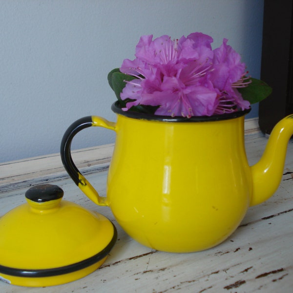 Vintage Yellow Enamel Teapot Bright, Yellow Enamelware Tin Teapot