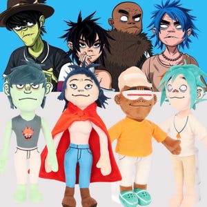 May include: A collection of plush dolls featuring the animated band Gorillaz. The dolls are in various colors and outfits, with detailed facial features and clothing. The background features the band's animated characters.