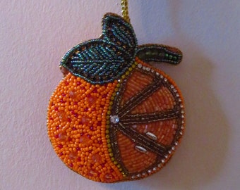 Beaded embroidery orange ornament ,pendant, Christmas, gift