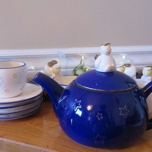 Juego de tetera de cerámica vintage con forma de ángel: estrellas y luna azules, decoración bohemia