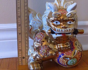 Foo Dog Figurine Sword 20cm Tall Red Gold Gilt Large Vintage