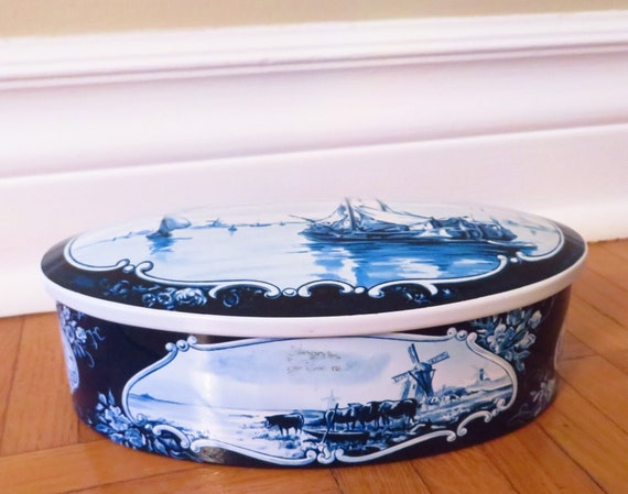 Vintage Dutch Tin: Blue & White Holland Scenes, Oval Candy Container