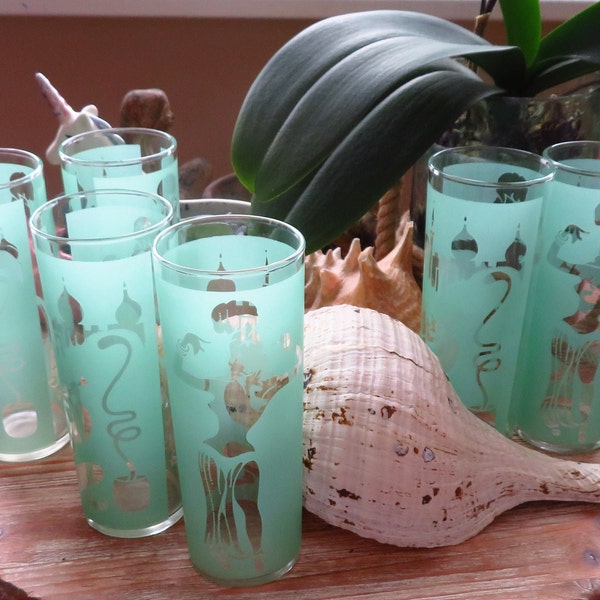 Set of 6 Vintage Arabian Themed Drinking Glasses / Belly Dancer and Snake Charmer light green Frosted Tom Collins Glasses / MCM Barware