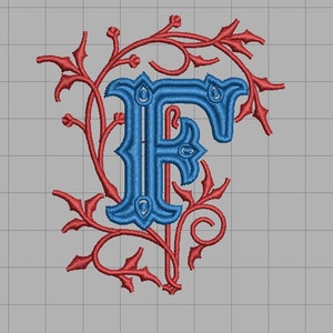 Letra adornada "F" Diseño de bordado de pluma en aro 4x4, descargar para diferentes máquinas Archivo de bordado Diseño digital Descarga instantánea