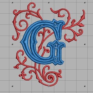 Letra adornada "G" Diseño de bordado de pluma en aro 4x4, descargar para diferentes máquinas Archivo de bordado Diseño digital Descarga instantánea