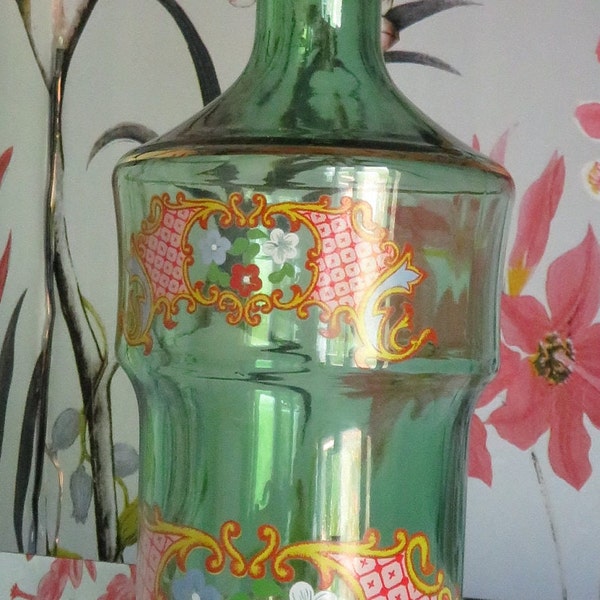 Italian Cristallerie Artistiche DEP Green & Gold Decorated with flowersLiquor Decanter, made in italy,