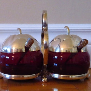 Vintage APEX verzilverde container met rood glas. Gemaakt in Engeland 1950 appelvorm