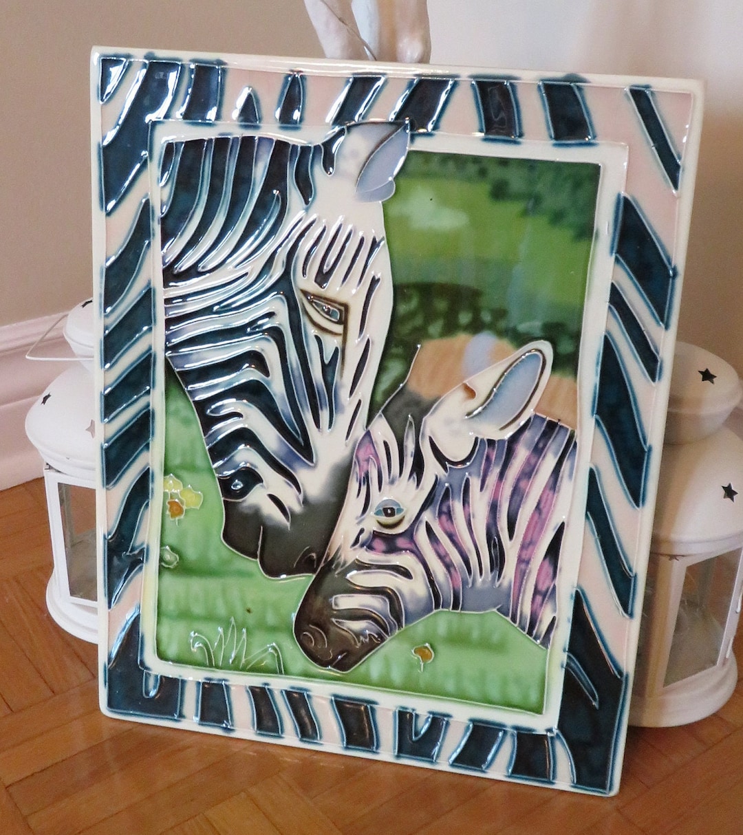 Vtg Hand Painted Ceramic Art Tile Zebras Art Ceramic BOHO Etsy