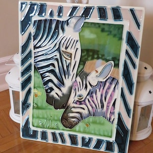 Vintage handgeschilderde keramische kunsttegel: moeder en kind zebra