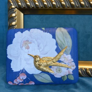 Joyero vintage, azul con flores, pájaro dorado, BOHO