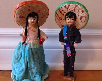 Vintage Hand Painted Traditional Mexico Mexican Girl and boy Dolls  Tourist Souvenir dolls