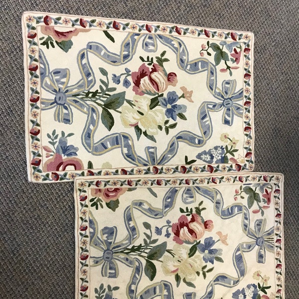 2 Vintage hand embroidery rugs with bow and flowers, French style,European canvas