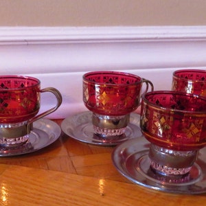 4 Vintage Glass Italian Espresso Cups red and gold gilded with metals saucer